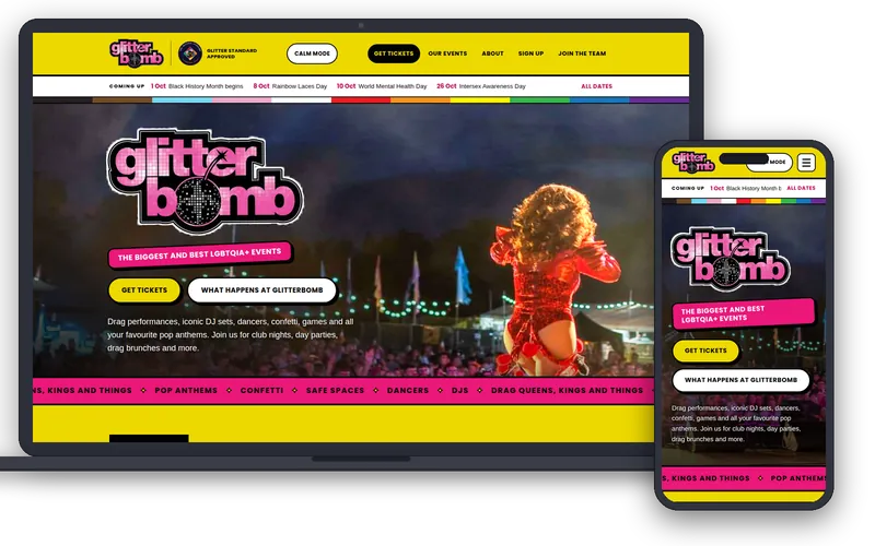 Glitterbomb website on a laptop and a phone