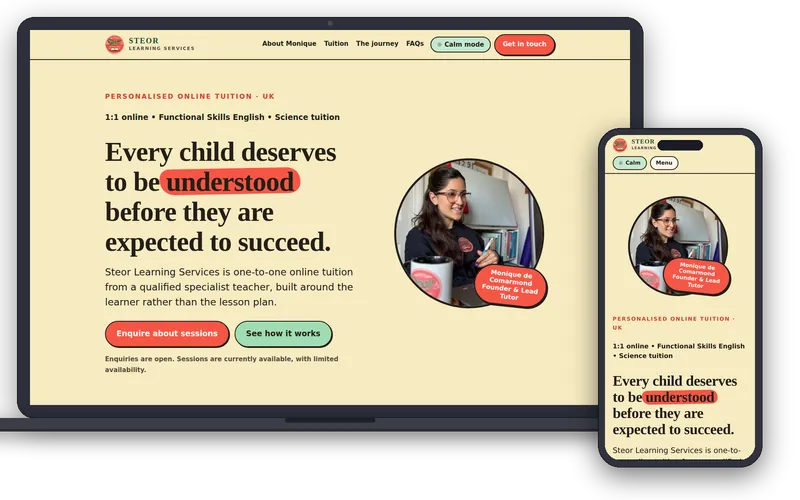 Steor Learning Services website on a laptop and a phone