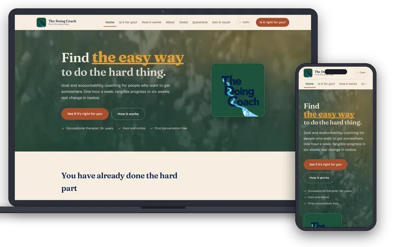 The Doing Coach website on a laptop and a phone