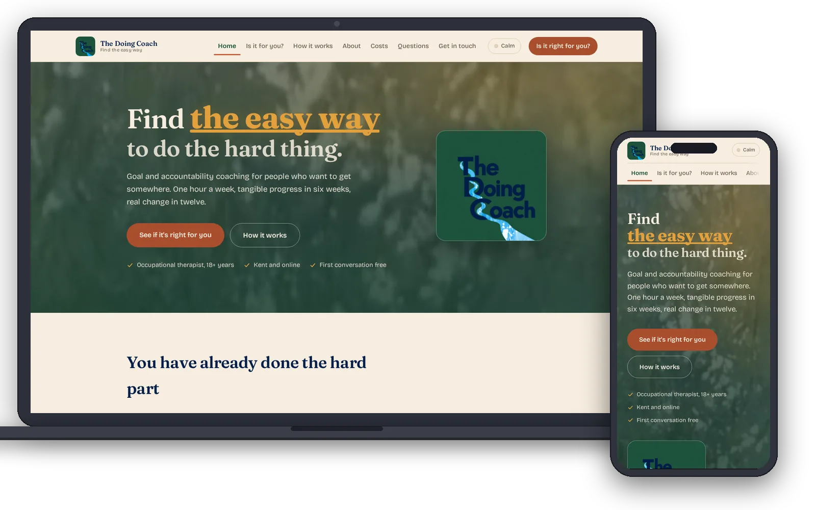 The Doing Coach website shown on a laptop and a phone