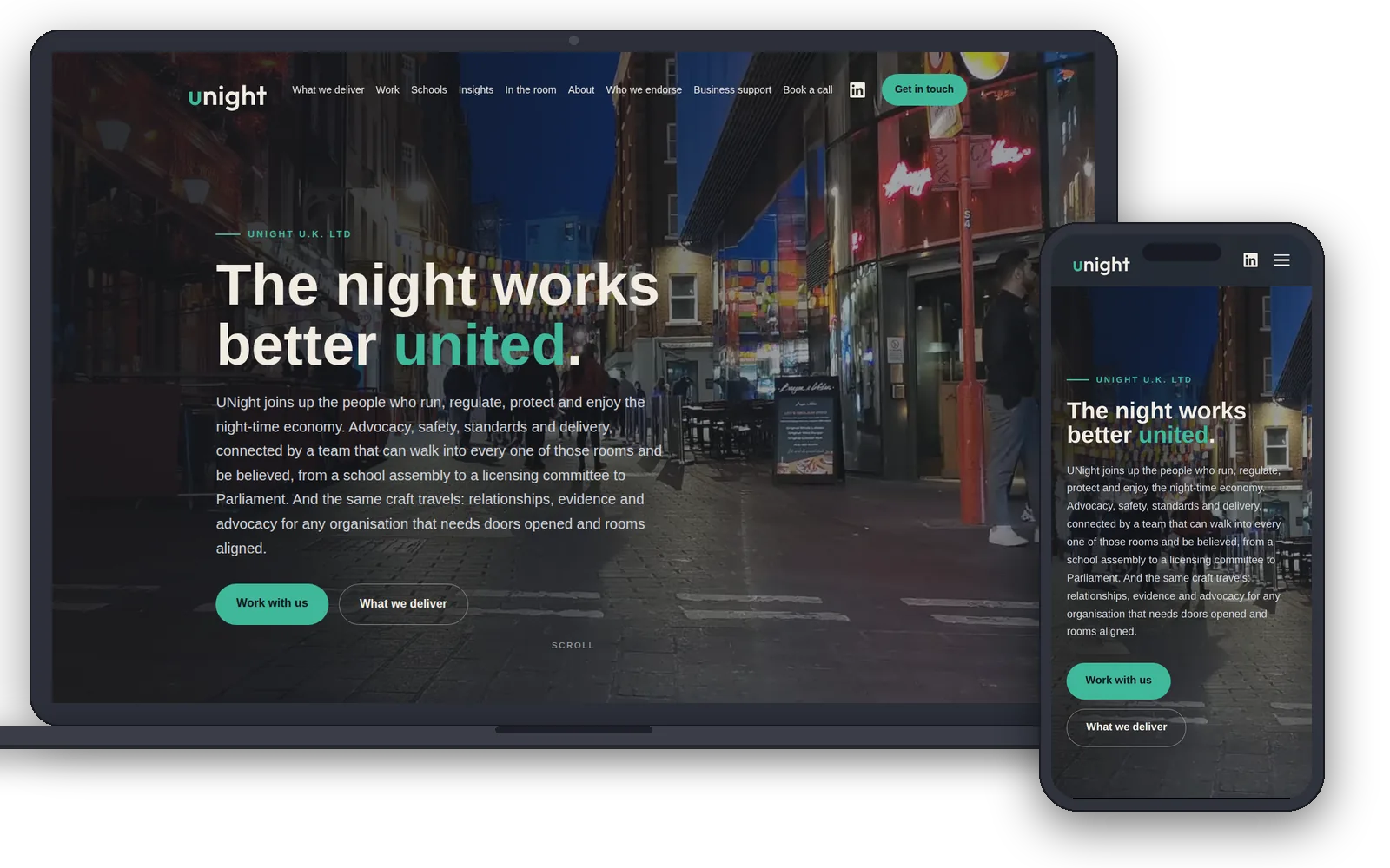 UNight U.K. Ltd website shown on a laptop and a phone